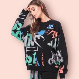 Nike Crewneck Kadin All Over Print 90's Black Sz M Womens